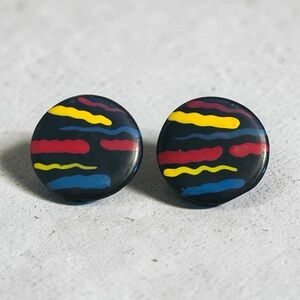 Round Black Earrings with Yellow, Red & Blue Wave Accents